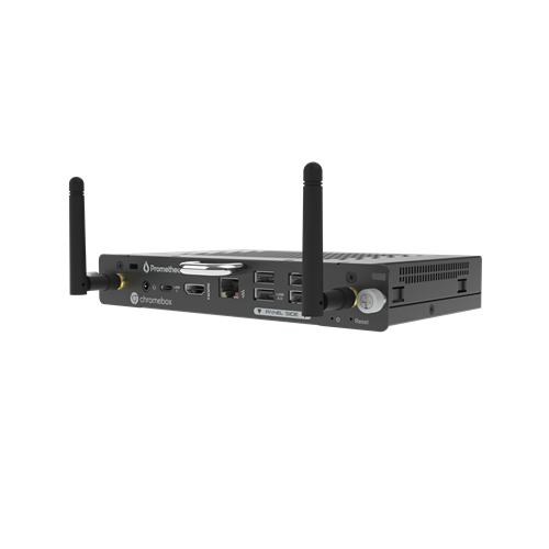 Compact black wireless network appliance with two external antennas and multiple ports on the front for connectivity.
