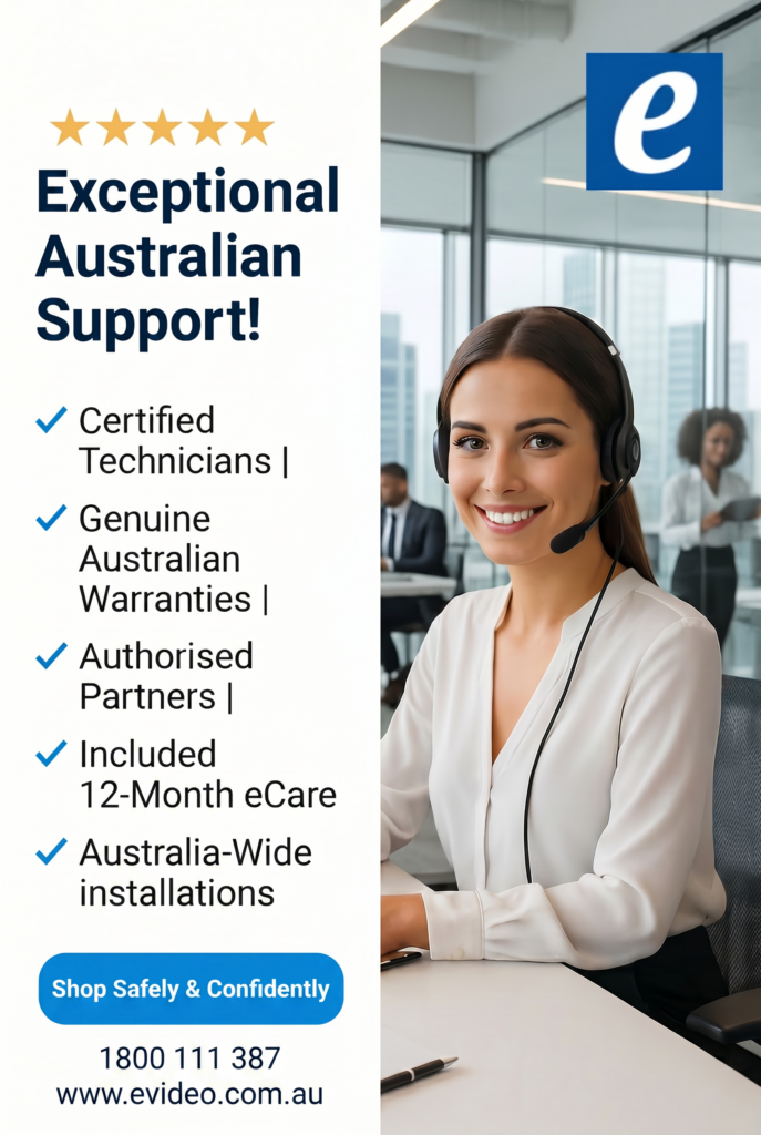Split ad: left column states 'Exceptional Australian Support!' with bulletproof features; right shows a smiling woman with headset in an office, blue 'e' logo in the background.