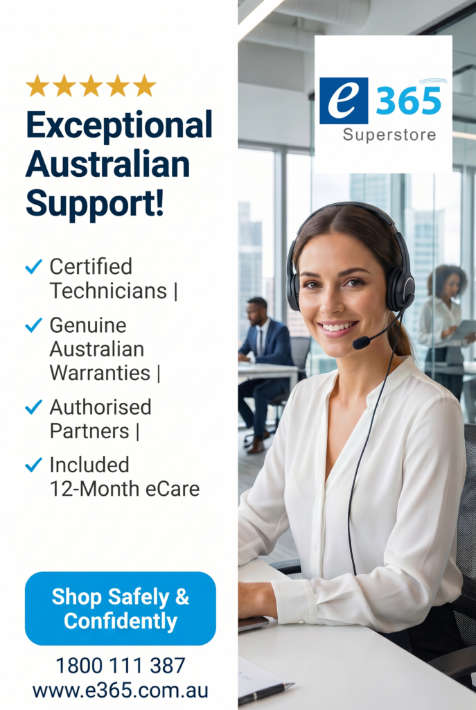 Smiling female customer service rep wearing a headset in an office; bold text reads 'Exceptional Australian Support' with the e365 logo nearby.