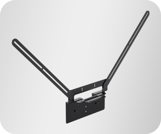 Dual-arm adjustable monitor mount with a wall plate and two long articulating arms ready to hold a screen by its center