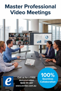 Business team in a modern conference room participating in a video meeting; screens display a grid of participants and an analytics dashboard.