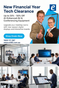 Collage of a marketing banner with two smiling professionals giving thumbs up and bold text, plus office meeting scenes showing teams and presenters.