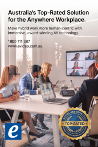 Conference room with a large promotional overlay reading "Australia's Top-Rated Solution for the Anywhere Workplace" and contact info, plus a video-call screen on the wall and people around the table.