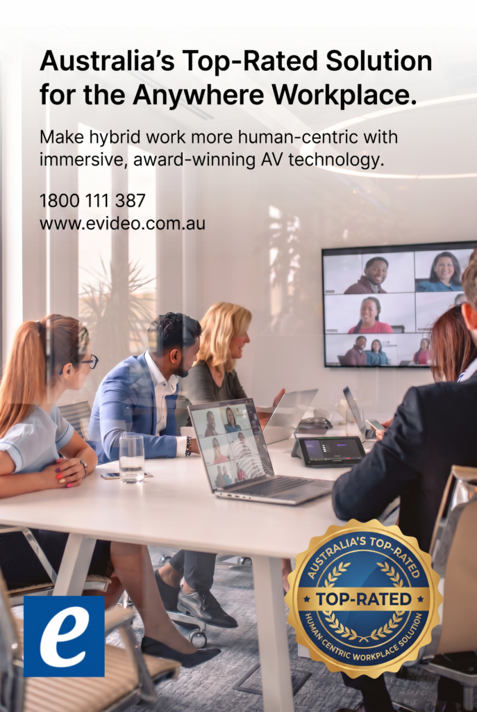 Conference room with a large promotional overlay reading "Australia's Top-Rated Solution for the Anywhere Workplace" and contact info, plus a video-call screen on the wall and people around the table.