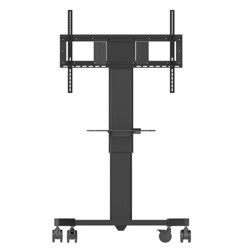 Mobile floor-standing TV monitor stand with a tall central column, top mounting frame, and four caster wheels.