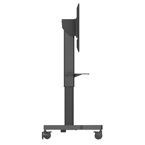 Side view of a tall, wheeled mobile monitor stand with a mounted flat-screen display and a small shelf.