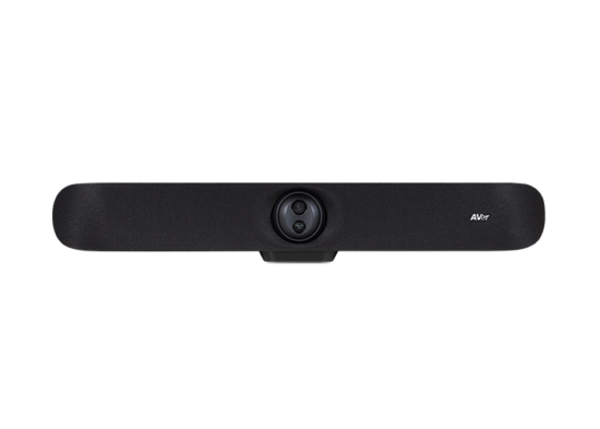 Black video bar with a centered webcam lens and AVer logo on the right, designed for video conferencing.