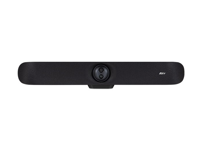 Black video bar with a centered webcam lens and AVer logo on the right, designed for video conferencing.