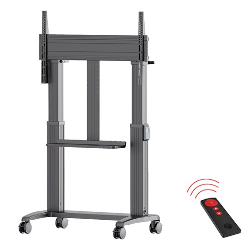 Tall, wheeled, motorized lifting frame with vertical columns and a horizontal lift arm; remote control shown to the side.