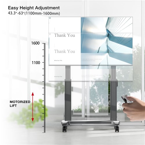 Motorized display lift with height scale (1100–1600 mm) raising a large screen shown with a hand using a remote control