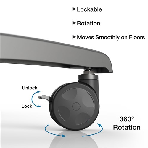 Caster wheel with lock lever; 360° rotation and smooth movement on floors.