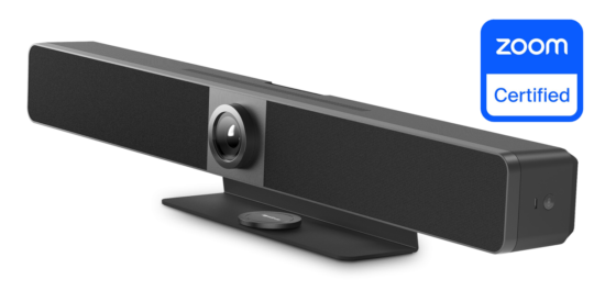 Zoom Certified conference video bar with built‑in camera on a tilt stand, black speaker grille and controls visible on the side.
