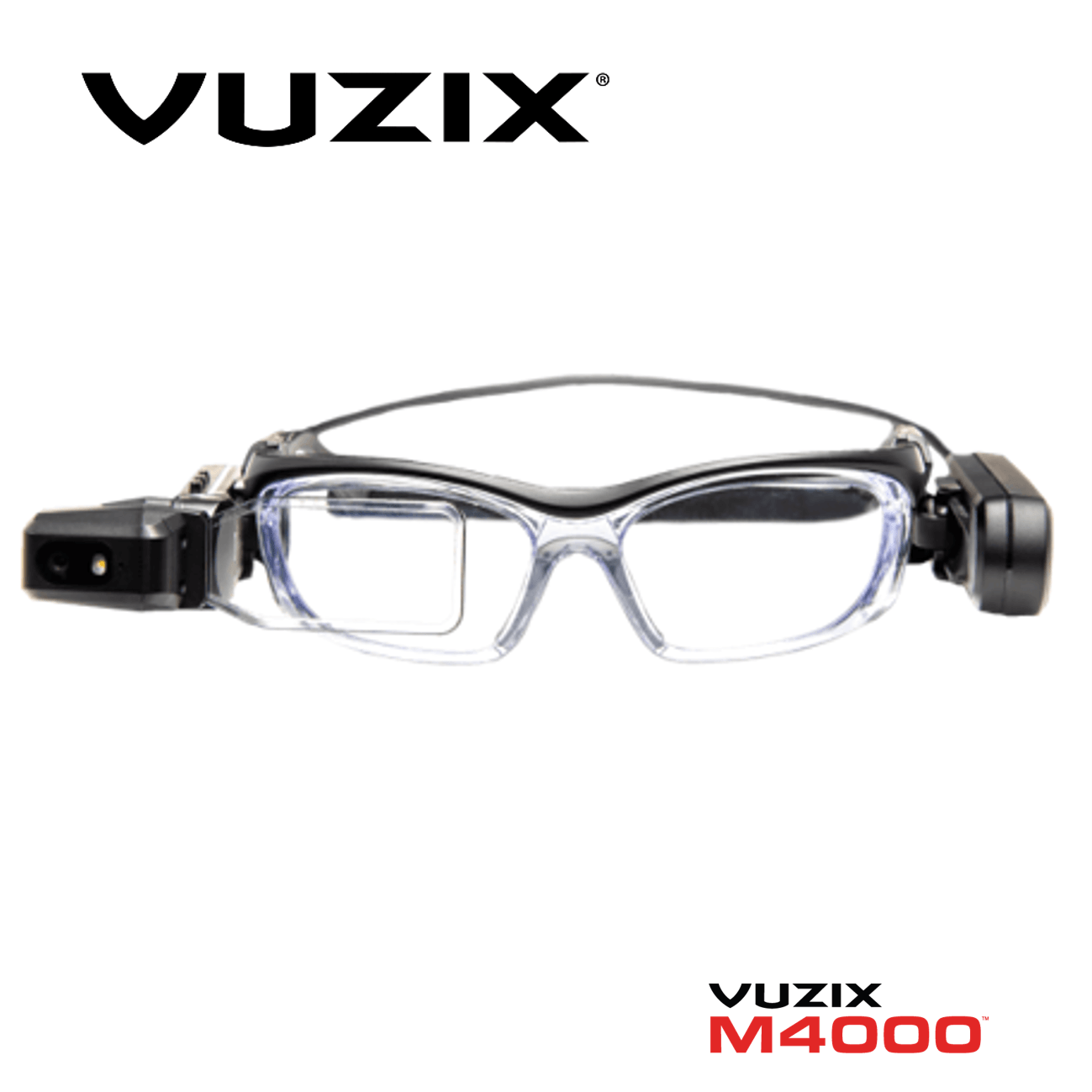 Clear safety goggles with an attached head-mounted device on each side, likely an AR/inspection headset (Vuzix M4000).
