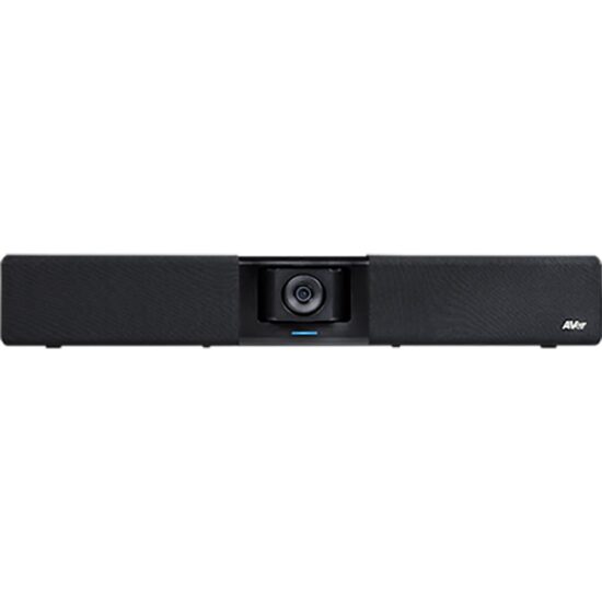 Black soundbar with a centered webcam and blue status light, designed for video conferencing.
