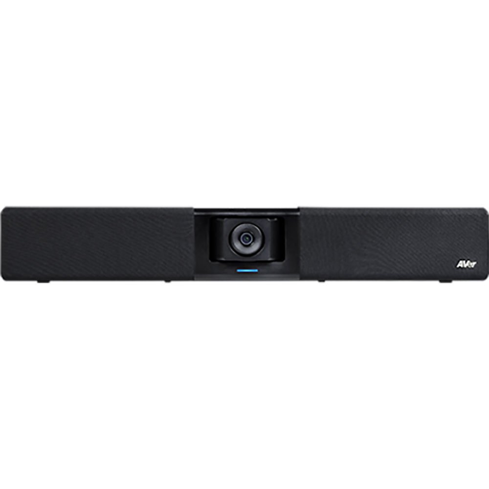 Black soundbar with a centered webcam and blue status light, designed for video conferencing.