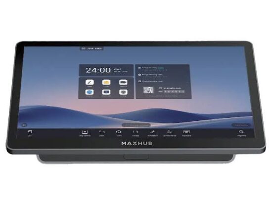 MaxHUB interactive touchscreen panel in landscape mode displaying a digital dashboard on its screen.