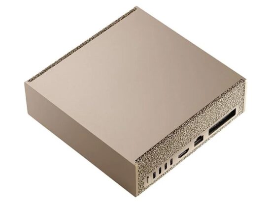 Beige mini desktop computer with multiple front ports and a textured side panel.