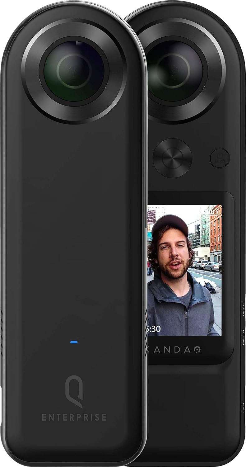 Black dual-camera doorbell with a small live video feed on the right side showing a man on the street.