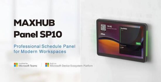MAXHUB Panel SP10 branding with the slogan 'Professional Schedule Panel for Modern Workspaces' beside a wall-mounted touchscreen panel displaying a dashboard.