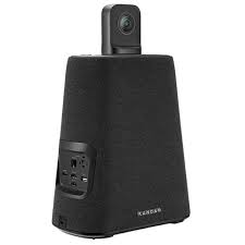 Black conference speaker with a small camera mounted on top for video meetings.