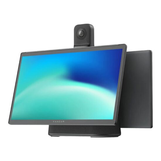 All-in-one desktop monitor with a small camera mounted on top center for video calls.